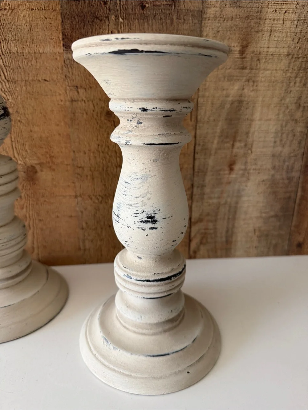 Farmhouse Distressed Cream Wood Candle Holders - Set of 2